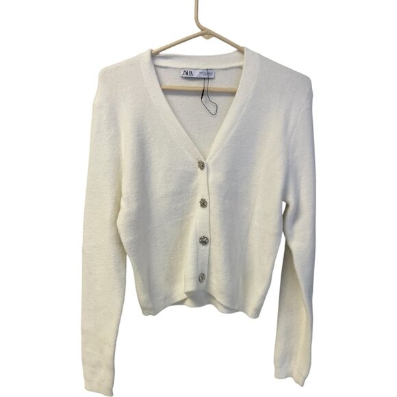 Zara Womens Sweater M Medium White Cardigan Rhinestone Buttons 9598/202 NWOT - Picture 1 of 11
